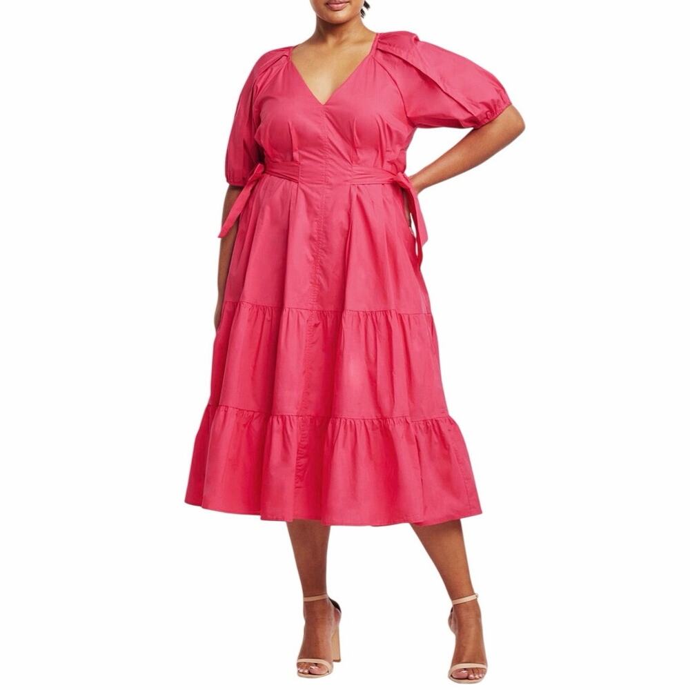 Estelle 20W Marissa Puff Sleeve Cotton Midi Dress New